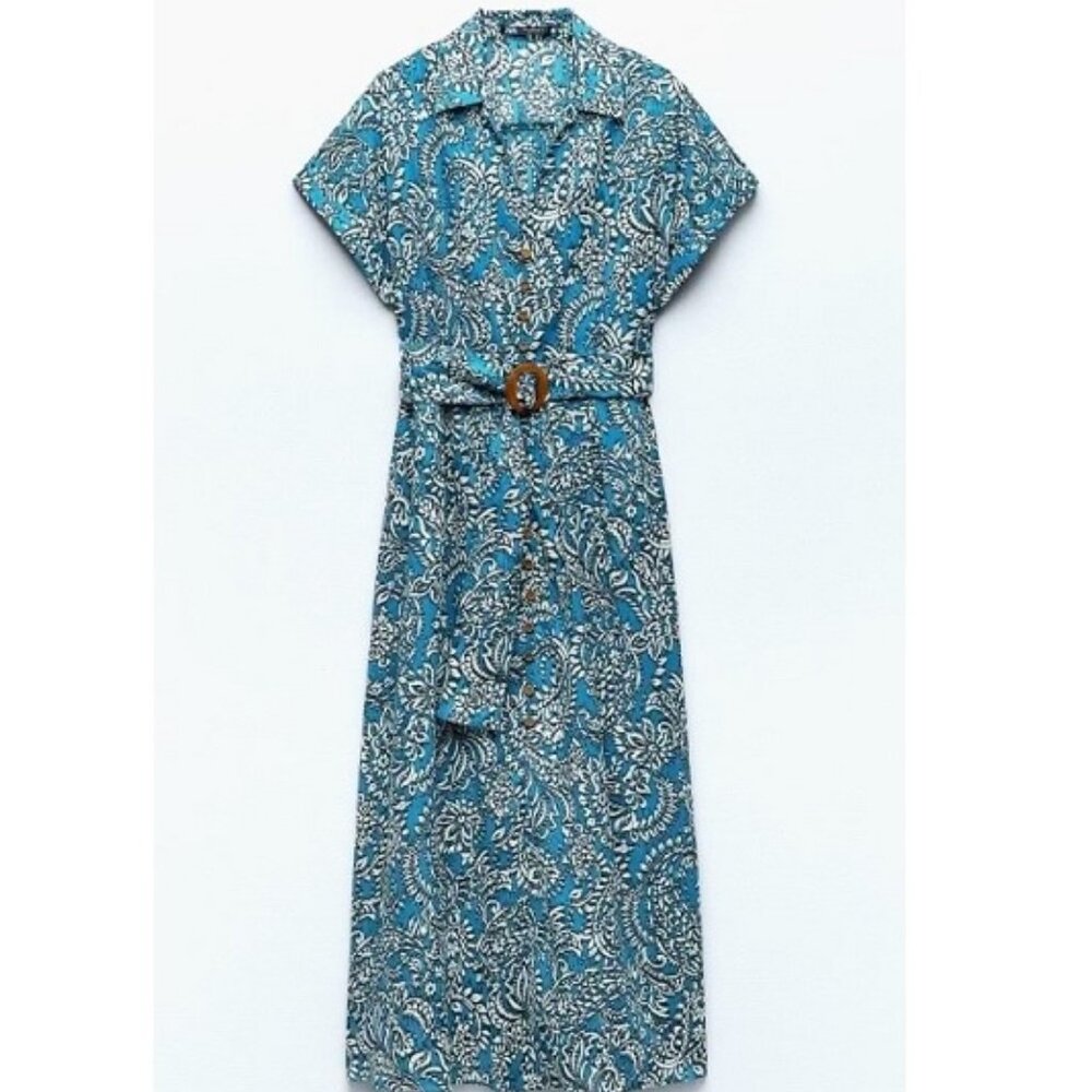 ZARA 100% Cotton Floral Blue Midi Dress Medium Button Front Belt Paisley Print - Picture 6 of 12